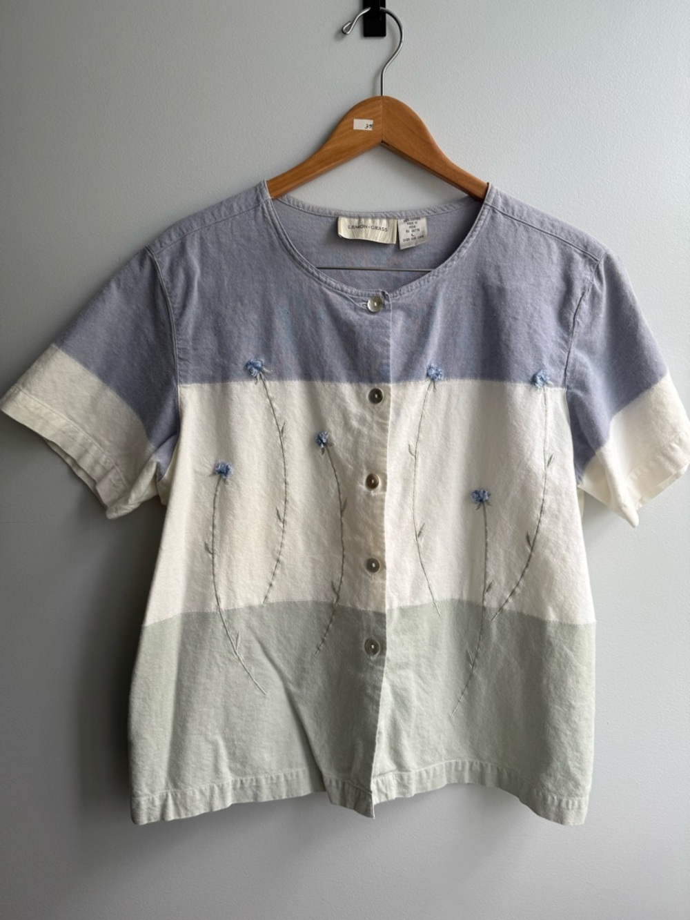 Striped Short Sleeve Button Front Top with Floral Embroidery